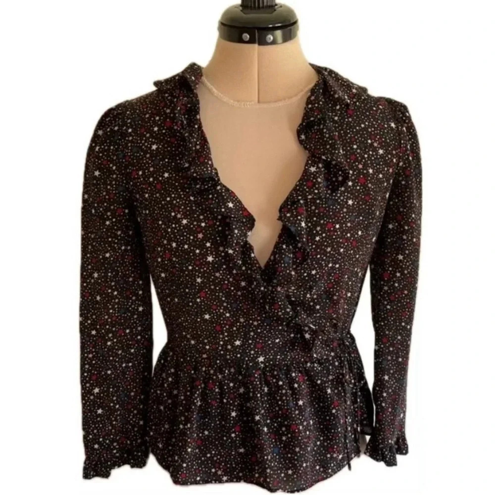 LAST CALL Madewell Silk Wrap Blouse Women’s XS Red Blue Stars Ruffle